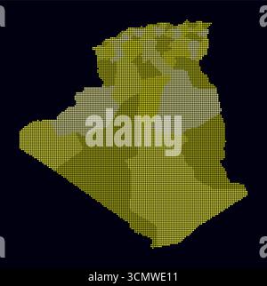 Carte en pointillés de l'Algérie. Carte de style numérique du pays sur un fond sombre. Forme algérienne avec des points circulaires. Style de points colorés. Cercles de petite taille. Illustration de Vecteur