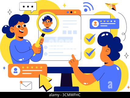 Illustration vectorielle du salon de l'emploi en ligne montrant que nous embauchons avec recrutement, processus de sélection de CV et entrevue avec l'agence dans un fond plat Illustration de Vecteur