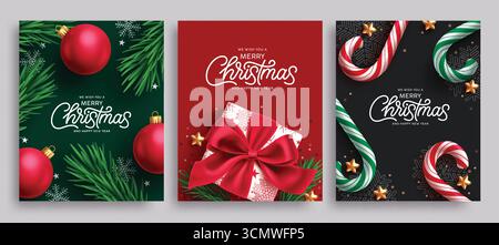 Joyeux Noël carte de voeux clipart ensemble affiche. Carte de Noël et voeux clip art avec boîte cadeau, canne de bonbons et boules éléments de décoration Illustration de Vecteur