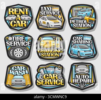 Ensemble de service de voiture de vecteur, autocollants automobiles isolés avec illustration des concepts d'affaires de voiture avec des mots, groupe de badges de variété pour l'état de pétrole Illustration de Vecteur