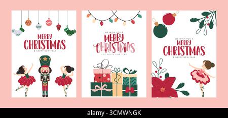 Joyeux Noël carte de voeux clipart ensemble affiche. Joyeux Noël voeux et voeux carte de Noël clip art avec casse-noix jouet, ballerine fille Illustration de Vecteur