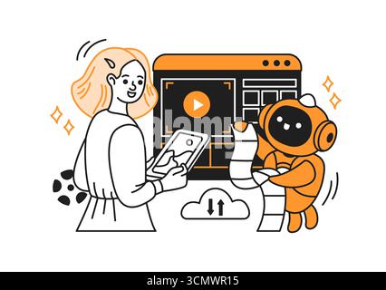 Une illustration d'une femme et d'un robot s'engageant de manière créative avec une tablette numérique. Le style est moderne et caricatural, avec un orange vif et monochrome Illustration de Vecteur