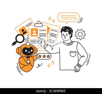 Illustration joyeuse d'une personne interagissant avec un robot amical. La scène montre des documents, des étoiles et des bulles de conversation contre un dos blanc Illustration de Vecteur