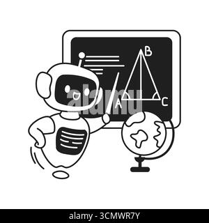 Robot amical avec pointeur expliquant la géométrie au tableau noir. Tableau noir présente un diagramme triangulaire. Globe présent, mettant l'accent sur le thème éducatif. Bla Illustration de Vecteur