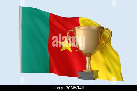Trophée drapeau Cameroun. Rendu 3D réaliste de haute qualité qui représente l'identité nationale, la culture, la fierté et la reconnaissance mondiale. Banque D'Images