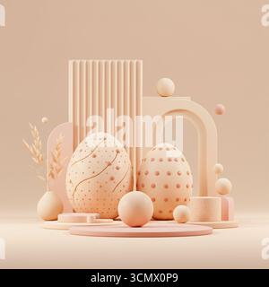 Élégants oeufs de pâques minimalistes sur des podiums avec des formes géométriques abstraites et des couleurs pastel délicates. Banque D'Images