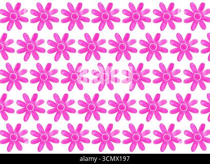 Motif de dessins stylisés de fleurs. Consistent en une forme simple. Entourez l'intérieur et arrondissez les pétales autour. Différentes nuances de rose fuchsia. Texture aquarelle. Disposés en rangée sur fond blanc. Banque D'Images