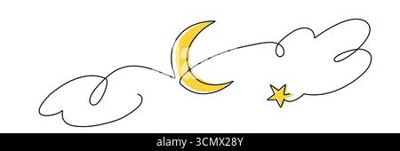 Croissant de lune en ligne continue avec nuages et étoile pour la conception de l'Aïd Ramadan Illustration de Vecteur