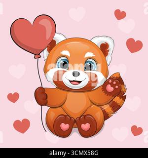 Joli dessin animé Red Panda avec ballon en forme de coeur. Illustration vectorielle d'un animal sur un fond rose avec des coeurs rouges. Illustration de Vecteur