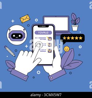 Personnage tenir le smartphone de main et utiliser l'intelligence artificielle pour remplir le formulaire d'enquête, donner des commentaires, évaluation des clients. Concept d'expérience utilisateur Illustration de Vecteur