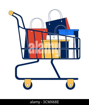 Panier rempli de sacs cadeaux objet de dessin animé 2D. Illustration de Vecteur