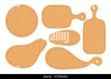 Planches à découper en bois de dessin animé, vue de dessus. Collection rustique de planches à découper de cuisine, rondes, ovales, formes recalibrées. Sept découpes en bois différentes Illustration de Vecteur
