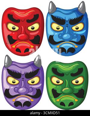 Quatre masques démon oni stylisés dans des couleurs vives, style cartoon, contours audacieux, composition symétrique Illustration de Vecteur