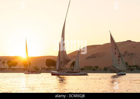 Felucca bateaux naviguant dans le fleuve Nil au coucher du soleil, Assouan, Egypte Banque D'Images