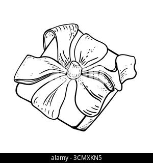 Boîte cadeau avec illustration vectorielle noir blanc d'arc. Vue de dessus dessinée à la main du contour décoratif de la boîte cadeau avec ruban élégant. Présente boîte en minimaliste Illustration de Vecteur