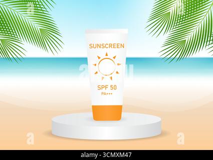 Crème solaire ou écran solaire sur le podium avec fond de plage d'été. Présentez le podium du produit sur la plage. Fond d'été. Illustration vectorielle. Illustration de Vecteur