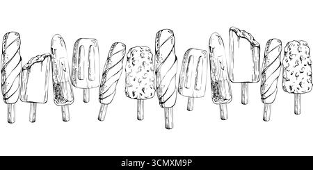 Bâtons de crème glacée bannière sans couture. Glaçons popsicle, assortiment de formes de mélange de saveurs. Illustration graphique vectorielle dessinée à la main au stylo et à l'encre, détaillée Illustration de Vecteur