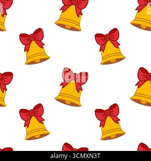 Motif sans couture brillant avec cloches de Noël dorées ornées de noeuds rouges. Parfait pour la papeterie de vacances, papier d'emballage, cartes de voeux, déchets Illustration de Vecteur