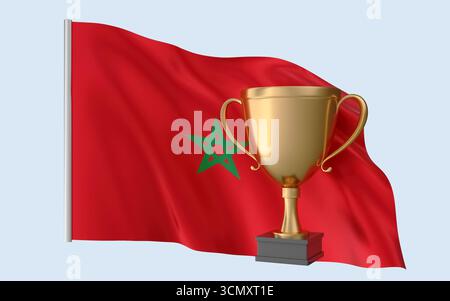 Trophée drapeau Maroc. Rendu 3D réaliste de haute qualité qui représente l'identité nationale, la culture, la fierté et la reconnaissance mondiale. Banque D'Images