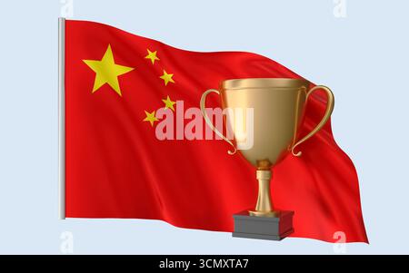 Trophée drapeau de la République populaire de Chine. Rendu 3D réaliste de haute qualité qui représente l'identité nationale, la culture, la fierté et la reconnaissance mondiale Banque D'Images