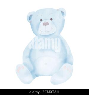 Peluche ours en peluche bleu. Illustration aquarelle. Animal jouet drôle isolé sur fond blanc. Pour le thème des enfants, fête de révélation de genre, carte postale Banque D'Images