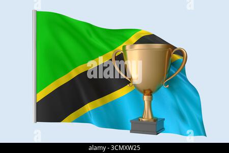 Trophée drapeau de Tanzanie. Rendu 3D réaliste de haute qualité qui représente l'identité nationale, la culture, la fierté et la reconnaissance mondiale. Banque D'Images
