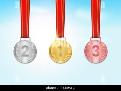 Médailles d'or, d'argent et de bronze en fond bleu ciel. Champion et concept gagnant. Illustration vectorielle. Illustration de Vecteur