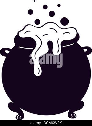 Chaudron magique en métal avec potion de sorcière magique bouillante. Fumée toxique et bulles. Laboratoire de chimie. Chaudière alchimique noire. Substance Fantasy essence Br Illustration de Vecteur