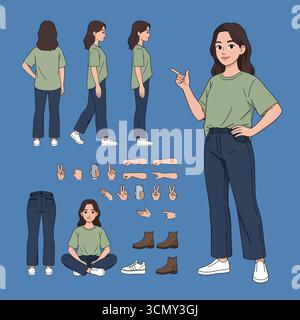 Constructeur de personnage de femme occasionnel pour l'animation. Vue avant, latérale et arrière. Collection de parties du corps et postures. Illustration vectorielle. Illustration de Vecteur