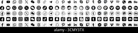 Les icônes de médias sociaux et de contact définissent 2025 logos vectoriels noir et blanc. BlueSky, Instagram, Facebook, WhatsApp, X (twitter), LinkedIn, YouTube, TikTok Illustration de Vecteur