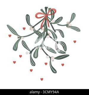 Gui avec arc en ruban rouge et coeurs isolés sur fond blanc. Illustration isolée vectorielle Illustration de Vecteur