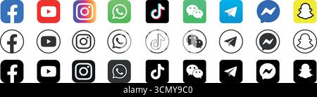 Facebook, youtube, instargam, TikTok, WeChat, télégramme, messenger, snapchat Collection de logo populaire de médias sociaux. Illustration de Vecteur