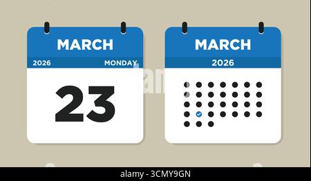23 mars 2026 lundi calendrier illustration vectorielle. Page du calendrier du 23 mars. Calendrier journalier avec la date du 23 mars. La semaine commence le dimanche. Illustration de Vecteur
