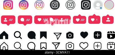 Icônes d'interface de médias sociaux App, appareil photo, profil, J'aime, commentaire, suivez symboles. Icônes Instagram définies. Trame vidéo en continu en direct. Illustration de Vecteur