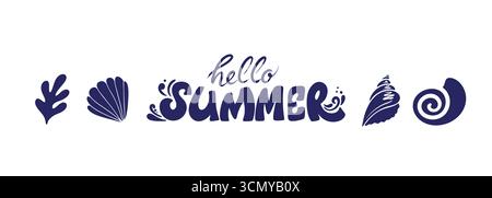 Bonjour Summer Typography. Lettrage d'été avec coquillages stylisés, corail. Illustration de typographie vectorielle pour affiches saisonnières, cartes, bannières Illustration de Vecteur