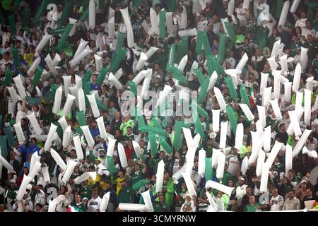 Les supporters de Palmeiras encouragent leur équipe lors du match de football en quarts de finale de la CONMEBOL Copa Libertadores, première manche entre l’argentin River plate et le brésilien Palmeiras au stade Monumental de Buenos Aires le 17 septembre 2025. Banque D'Images