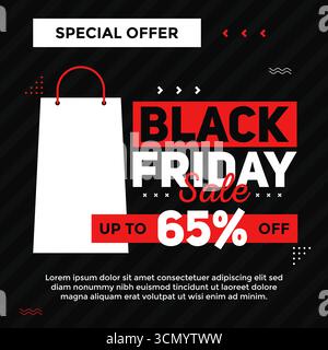 Black Friday design promotionnel avec illustration d'un shopping sur rouge et blanc sur fond de couleur noire idéal pour les médias sociaux post. Illustration de Vecteur