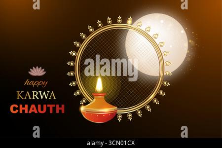 Joyeux festival indien de chauth karwa avec la pleine lune et lampe diya, bannière décorative dorée, fond de carte d'illustration vectorielle Illustration de Vecteur