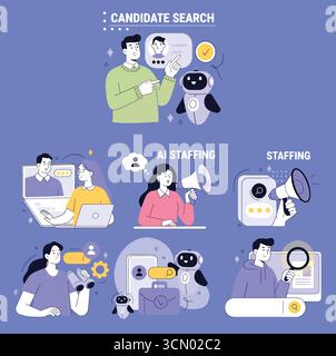 Ensemble d'embauche. Les personnages utilisent la technologie de l'intelligence artificielle pour le processus de recrutement d'entreprises, la recherche d'emploi, l'entretien, la rédaction de cv. Recours humains. Illustration de Vecteur