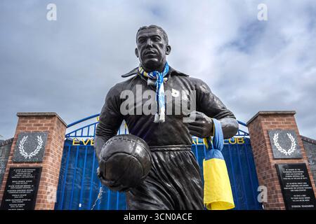 Statue de Dixie Dean à EFC, Everton Football Club, Goodison Park Stadium, Goodison Rd, Liverpool, Merseyside, Angleterre, Royaume-Uni, septembre 2025 Banque D'Images
