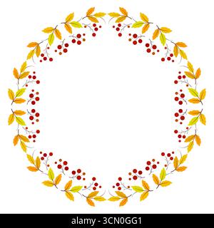 Couronne d'automne de rowan avec espace pour le texte. Ornement floral rond. Guirlande de vacances de feuilles et de baies lumineuses sur fond blanc. Décor pour Merci Illustration de Vecteur
