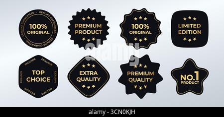 Badges et étiquettes originaux de qualité supérieure en noir et or pour la garantie, l'édition limitée et les étiquettes Top Choice. Pack emblème Clean Luxury. Vecteur Illustration de Vecteur