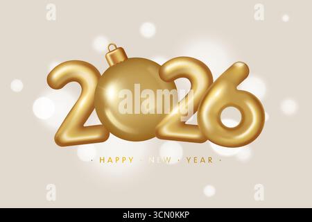 Carte de vœux de luxe pour le nouvel an 2026. Numéros 3D réalistes avec une boule de Noël dorée Illustration de Vecteur