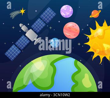 Satellite en orbite autour de la Terre, du Soleil, des planètes et de l'étoile filante dans l'espace Illustration de Vecteur