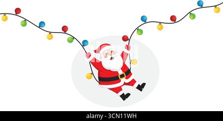 Père Noël suspendu aux lumières de Noël. Illustration de vacances sur un fond blanc. Illustration de Vecteur