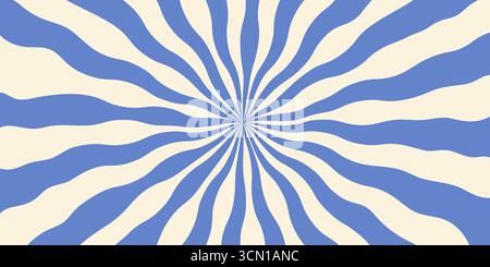 Fond psychédélique avec des rayons ondulés bleus et crème, motif abstrait tourbillonnant. Illustration vectorielle rétro groovy, parfaite pour les affiches, les couvertures, ou Illustration de Vecteur