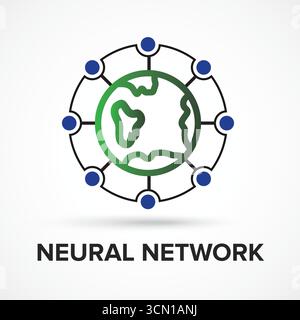 Icône de connexion au réseau neuronal mondial avec nom – Terre avec nœuds connectés symbolisant la communication et la technologie mondiales, illustrateur abstrait Illustration de Vecteur