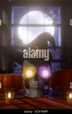 Un crâne brillant dans un chapeau de sorcière s parmi des citrouilles et des bougies pour la nuit d'Halloween. rendu 3d. Banque D'Images