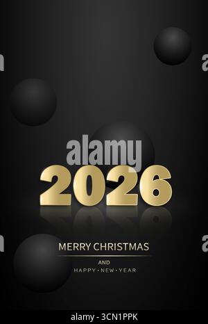 La figure dorée de 2026 avec une inscription sur un fond sombre avec des boules. Illustration de Vecteur