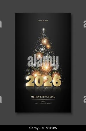 L'inscription 2026 sur fond sombre avec un arbre de Noël abstrait fait de feux d'artifice et d'étincelles. Illustration de Vecteur